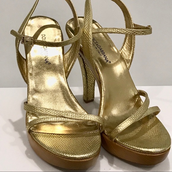 Dolce& Gabbana Gold Faux Snakeskin & Wood Sandals - Picture 5 of 7